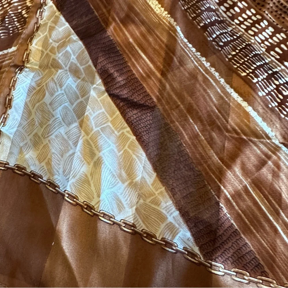 Adrienne Vittadini Silk Vintage Elegant Abstract Patchwork Brown Scarf